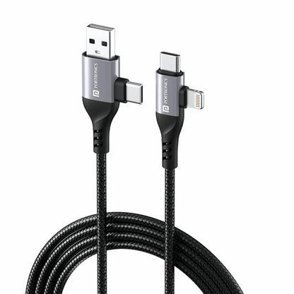 Portronics 4-in-1 nylon braided charging cable black with dual-end connectors USB-A Type-C and Type-C Lightning on white background