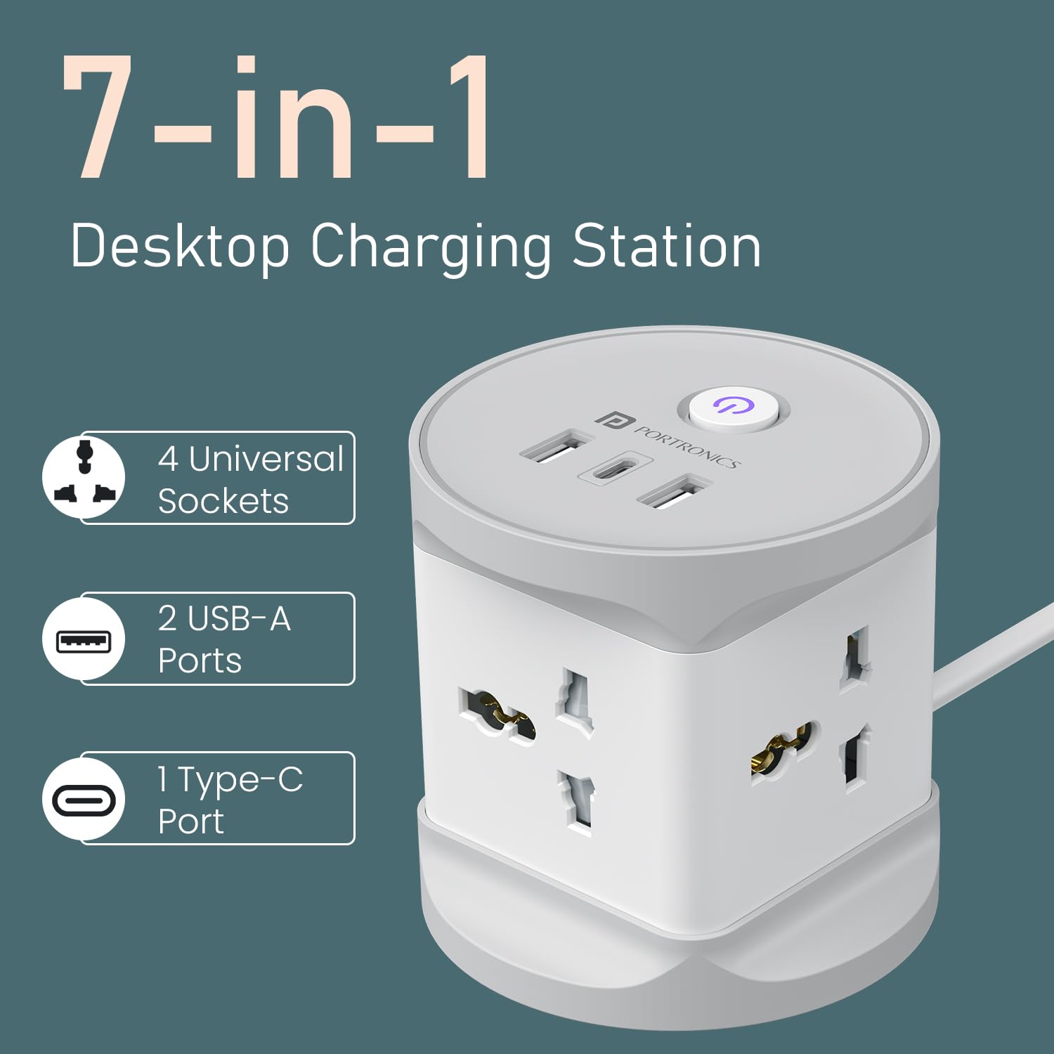 Portronics 7-in-1 cube desktop charging station with 4 universal sockets 2 USB-A ports and 1 Type-C port