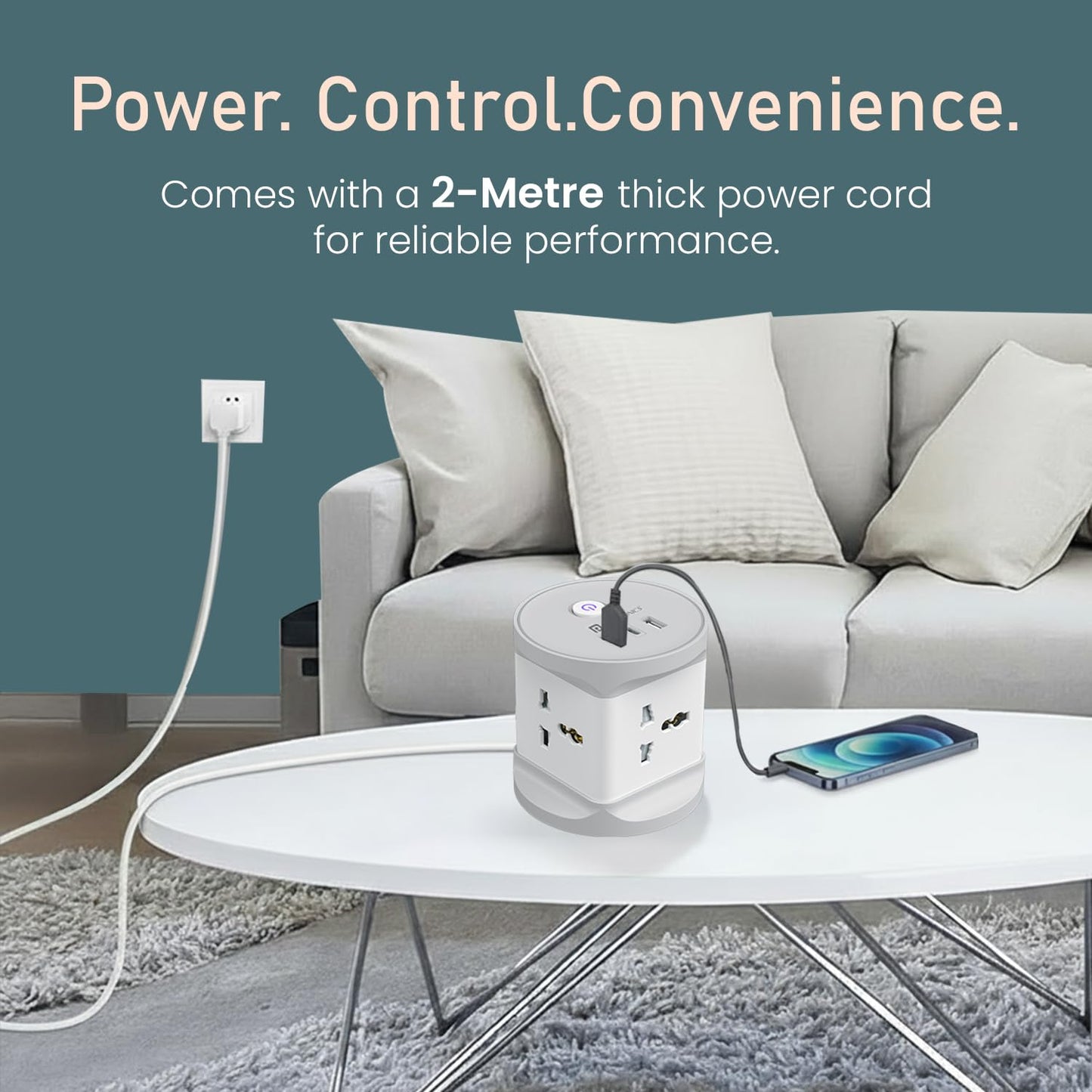 Portronics power cube on coffee table charging phone with 2 meter thick power cord in living room