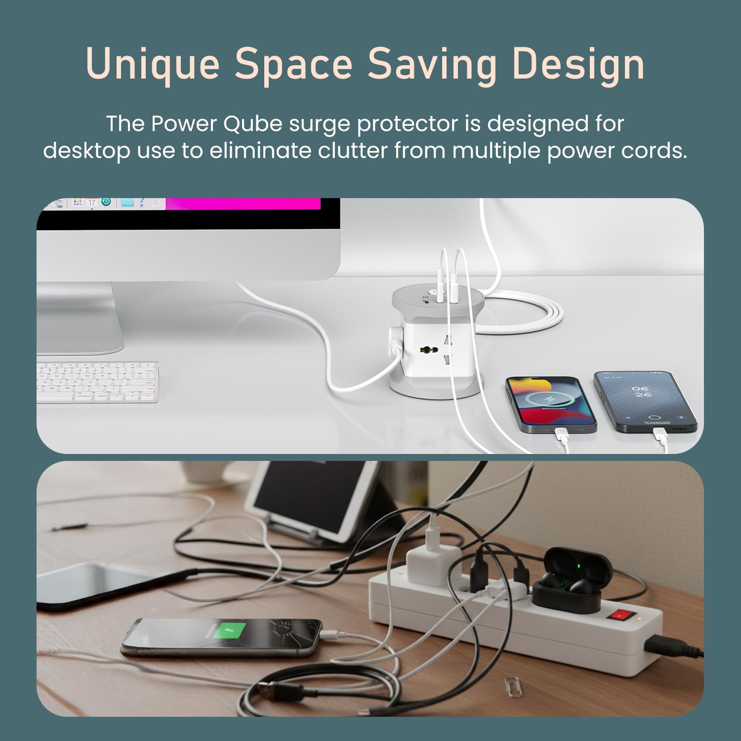 Portronics power cube unique space saving design eliminating desk cable clutter compared to standard power strip