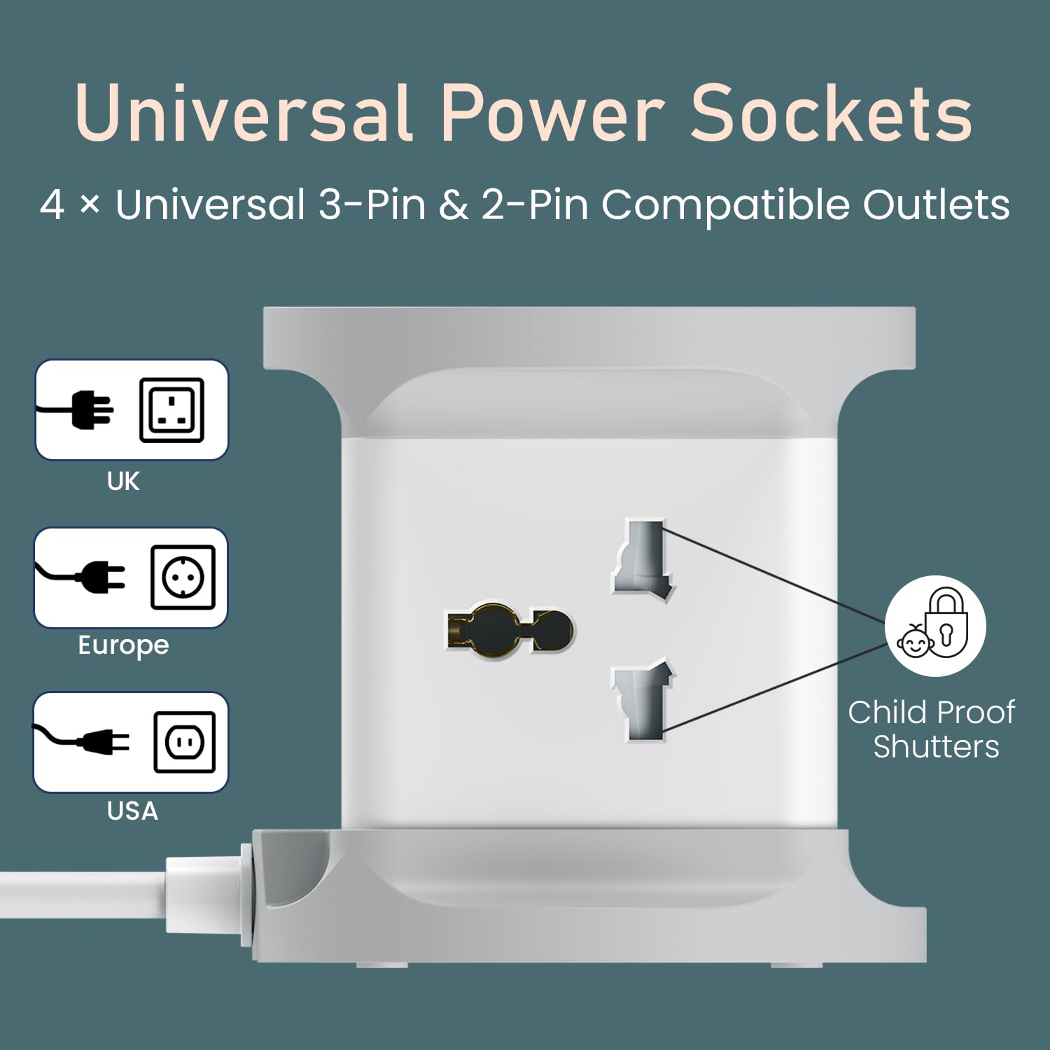 Portronics power cube universal socket compatible with UK Europe and USA 3-pin and 2-pin plugs with child proof shutters