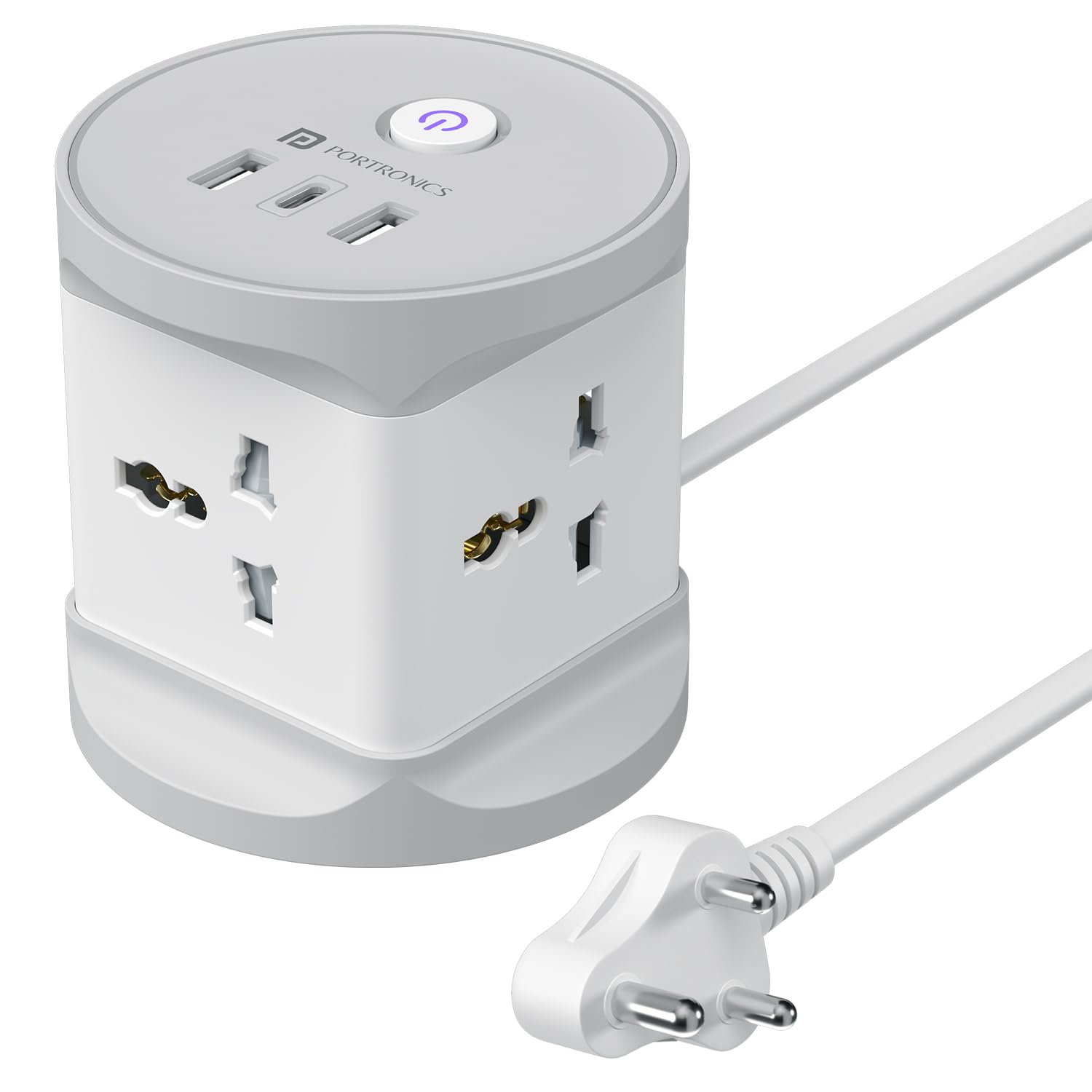 Portronics 7-in-1 cube power strip with 4 universal sockets USB-A Type-C ports and Indian 3-pin plug