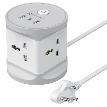 Portronics 7-in-1 cube power strip with 4 universal sockets USB-A Type-C ports and Indian 3-pin plug