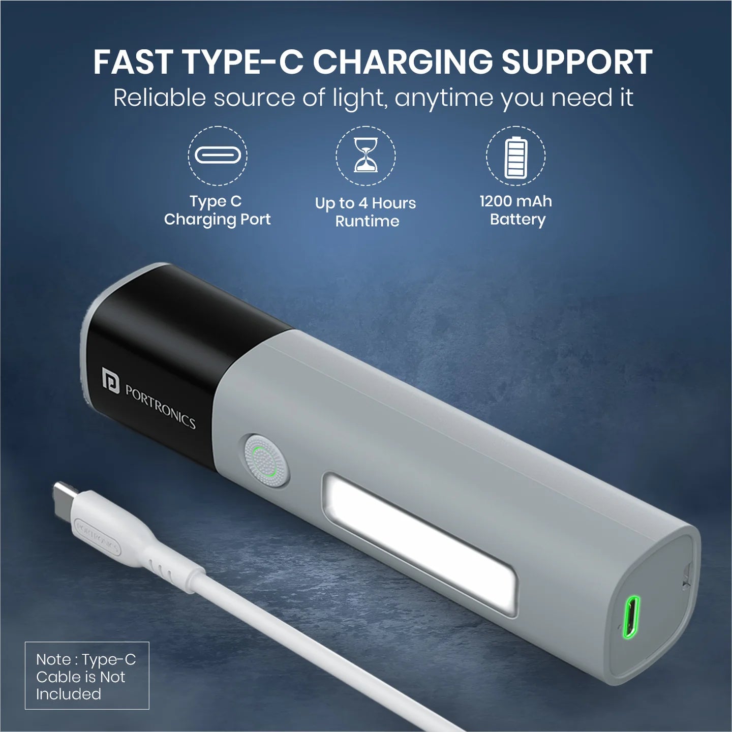 Portronics Eco Glow 2 300LM Rechargeable LED Torch with SOS & Focus Zoom