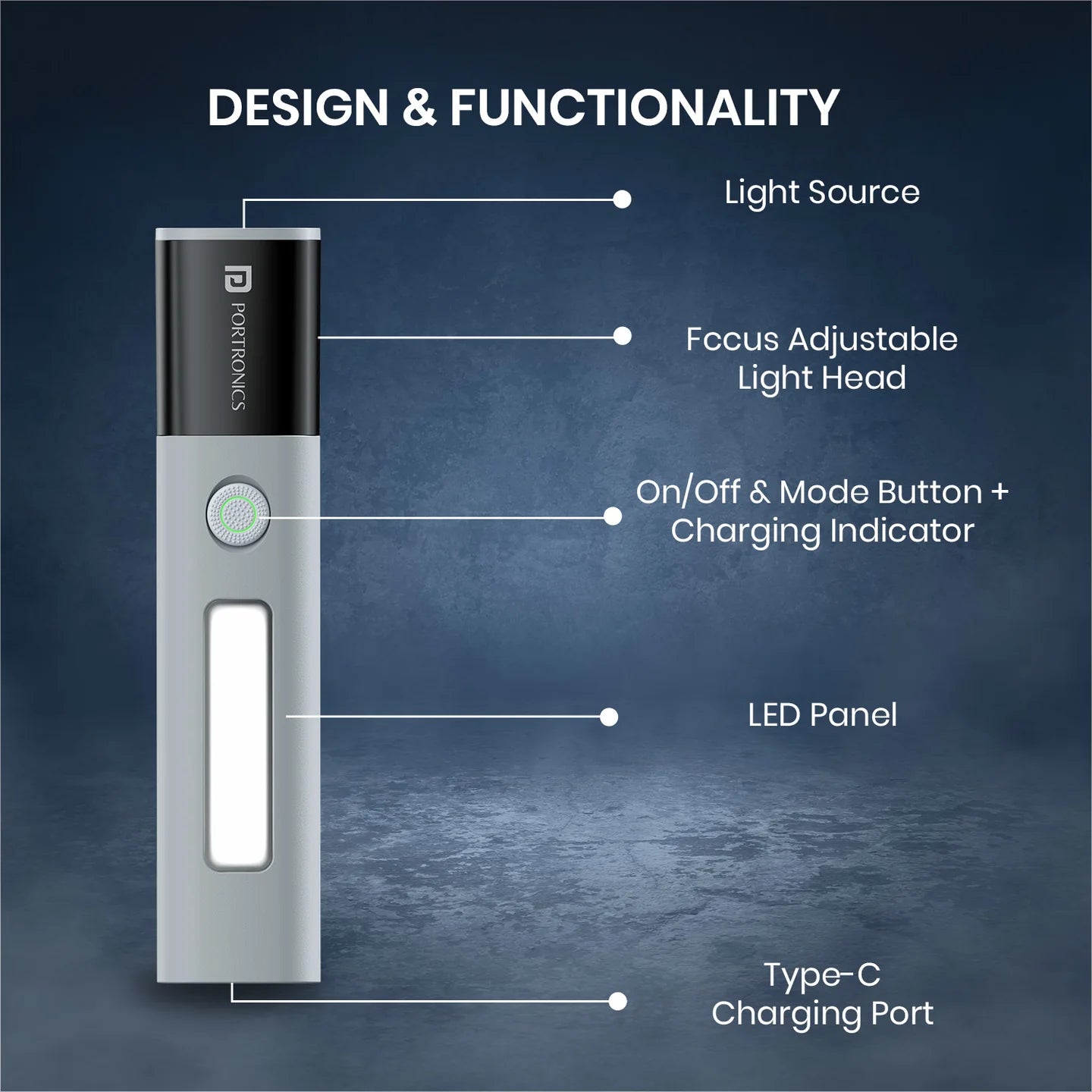 Portronics Eco Glow 2 300LM Rechargeable LED Torch with SOS & Focus Zoom