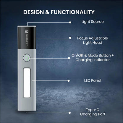 Portronics Eco Glow 2 300LM Rechargeable LED Torch with SOS & Focus Zoom