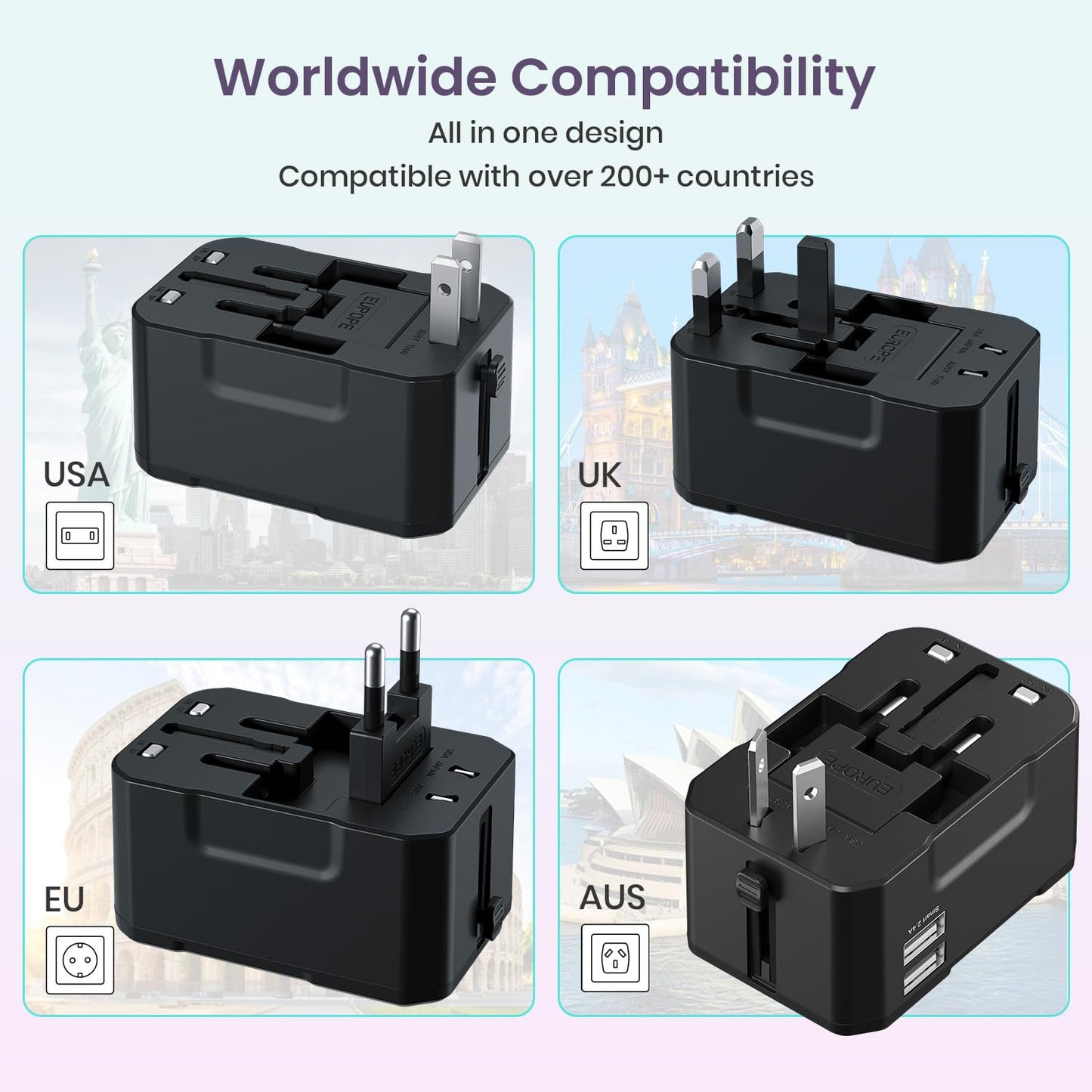 Juicemate 2 showing universal plug compatibility for USA, UK, EU, Australia and 200+ countries - Grunx 