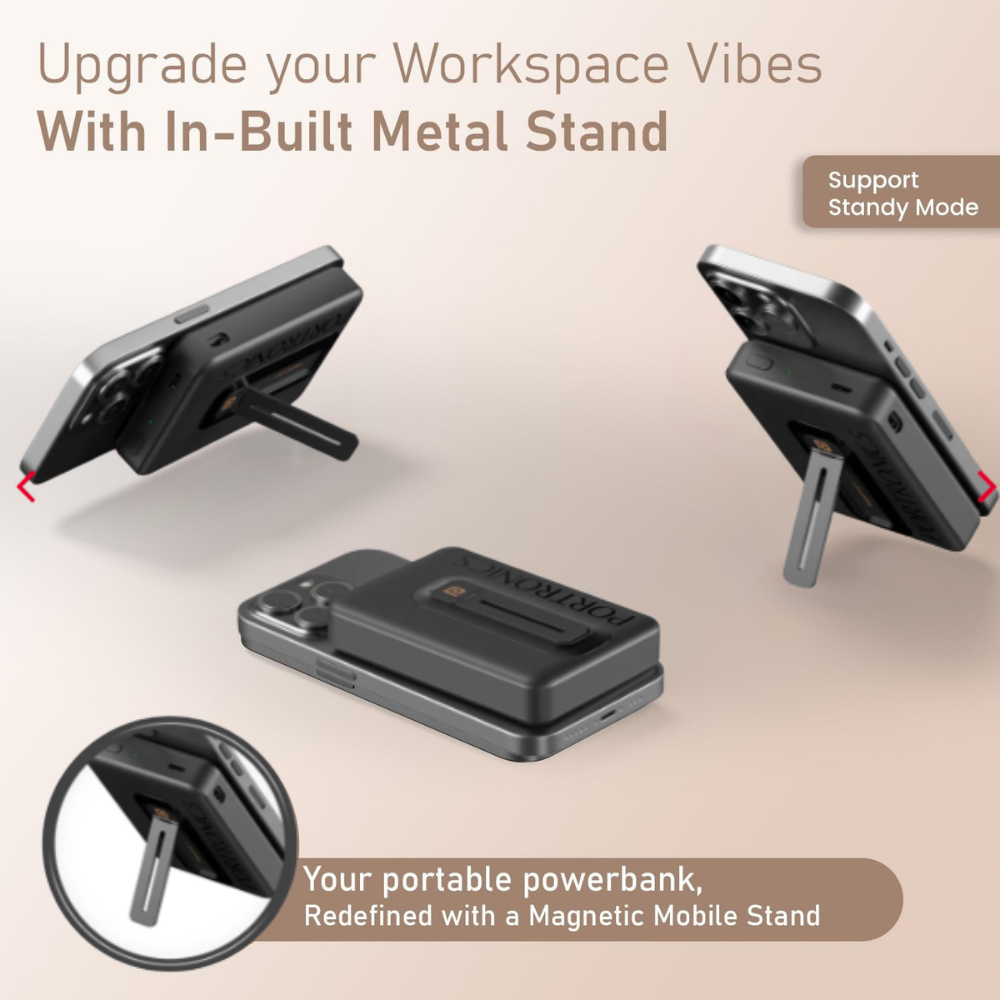 power bank kickstand propped showing iPhone charging wirelessly at comfortable viewing angle Indian travel setup