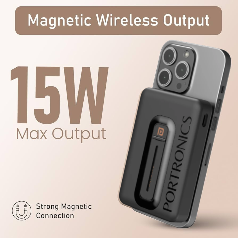 MagSafe power bank magnetically attached to iPhone showing 15W wireless charging with kickstand propped India