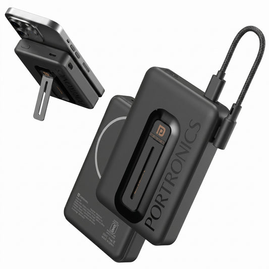 Portronic 10000mAh MagSafe wireless power bank with LED display and kickstand on clean Indian desk setup at GrunX Store.