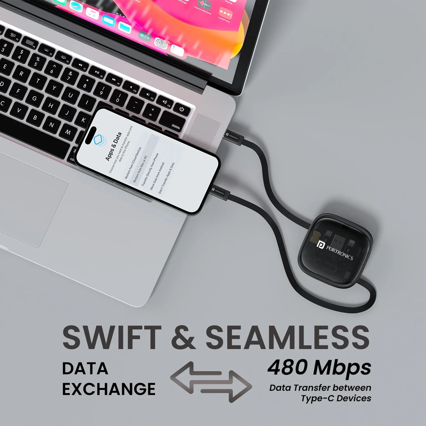 Portronics SnapCase 2 60W Retractable Type-C Cable | Multi Connector | Stand