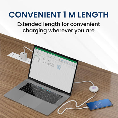 Portronics retractable Type-C to Type-C cable 1 metre length connected to MacBook laptop and smartphone on office desk