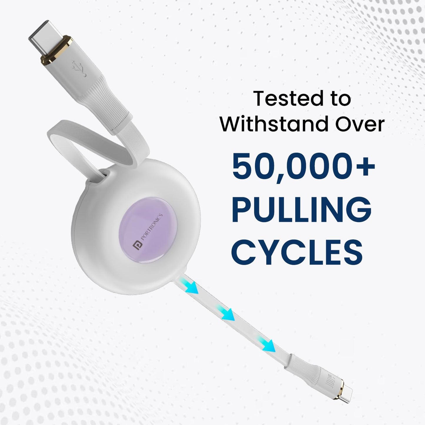Portronics retractable Type-C cable disc housing tested to withstand 50000 plus pulling cycles durability white background