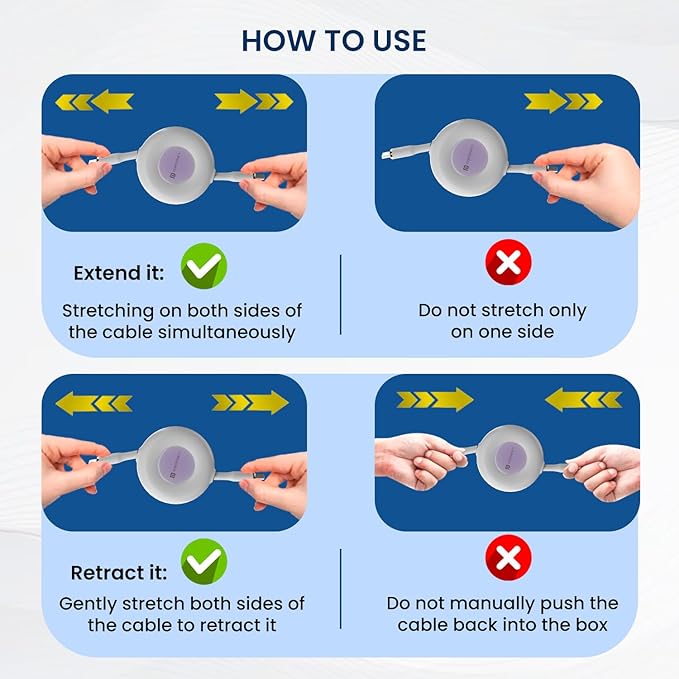 Portronics retractable cable how to use guide showing correct and incorrect methods to extend and retract cable from both sides simultaneously