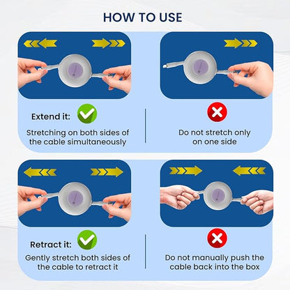 Portronics retractable cable how to use guide showing correct and incorrect methods to extend and retract cable from both sides simultaneously