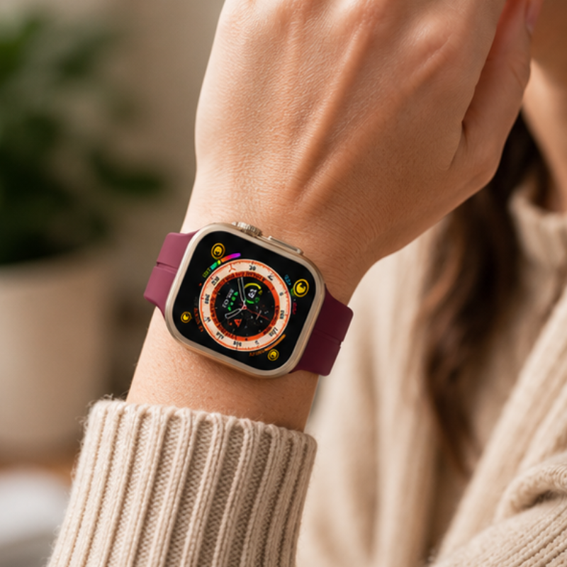 Person in a cream knit sweater wearing Apple Watch Ultra with gold case and burgundy magnetic silicone loop band on their wrist