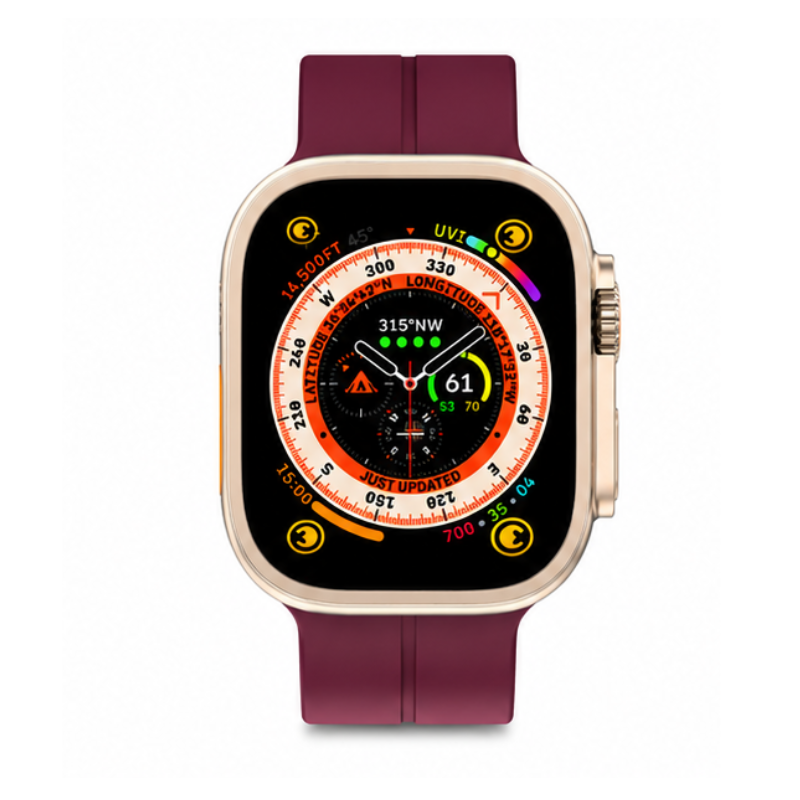 Front product view of Apple Watch Ultra with gold case and burgundy magnetic silicone loop band displaying a green circular watch face on a white background