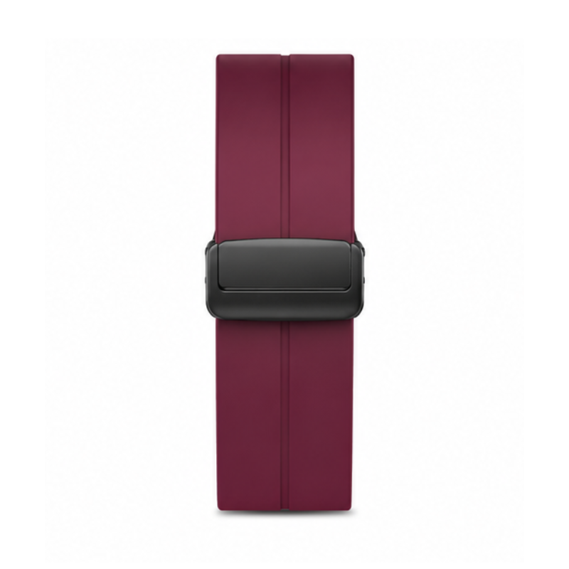 Close-up product view of the burgundy magnetic silicone loop band with a dark grey magnetic folding clasp on a white background