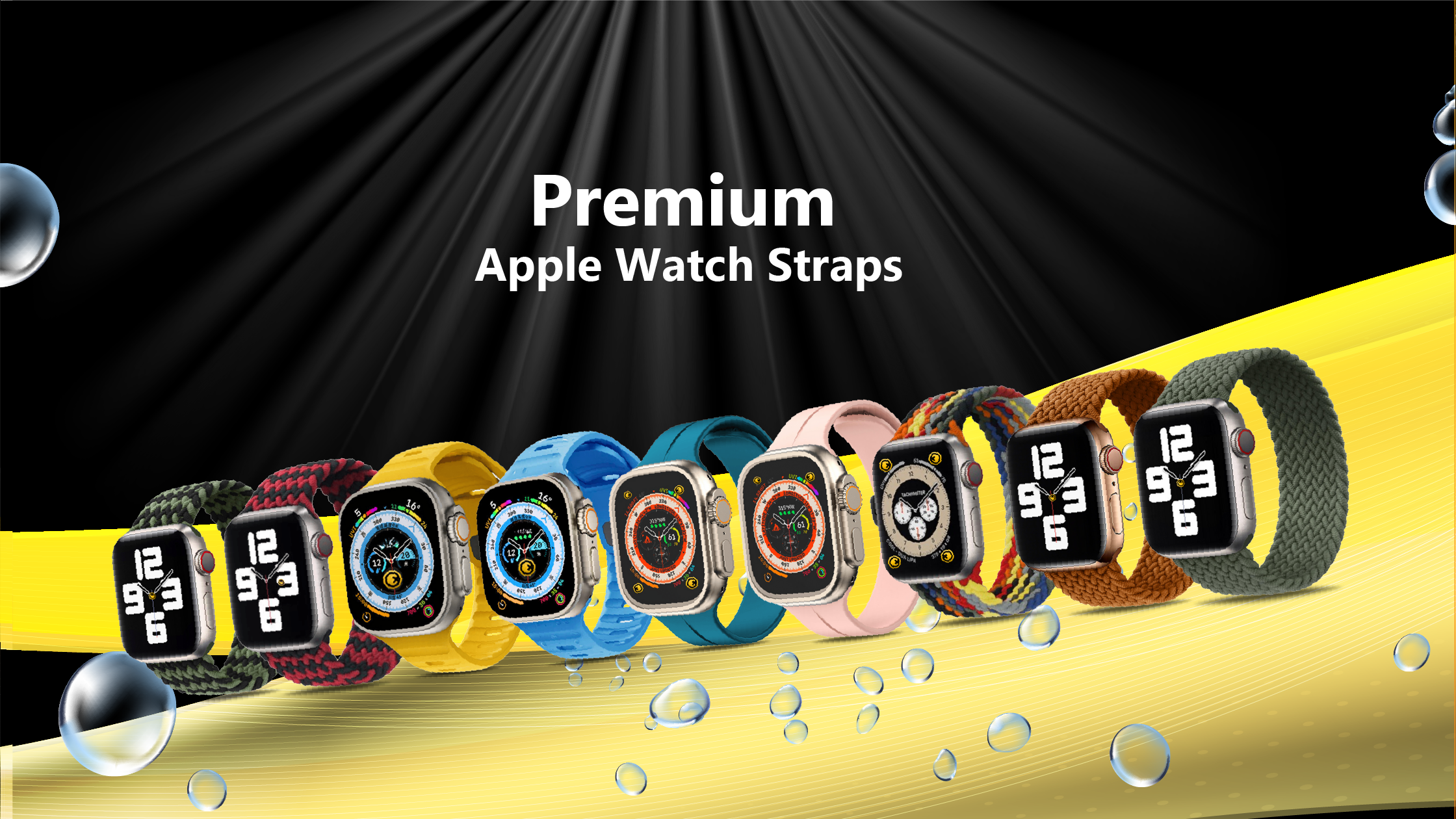 
A variety of colorful and uniquely designed Apple Watch straps, silicon watch straps and Nylon Braided Apple Watch Strap displayed together, showcasing diverse styles and patterns. ar grunx store.