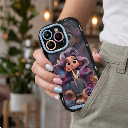 Animated character iPhone case with blue protective camera ring held in hand outdoors, showcasing vibrant cartoon girl design with nature background