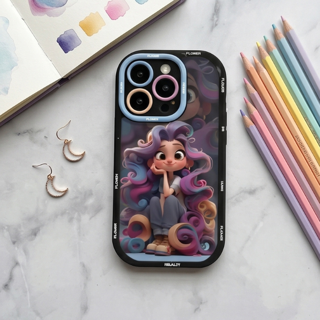Animated character iPhone case with blue camera ring on marble desk next to watercolor palette, rainbow colored pencils, and gold earrings