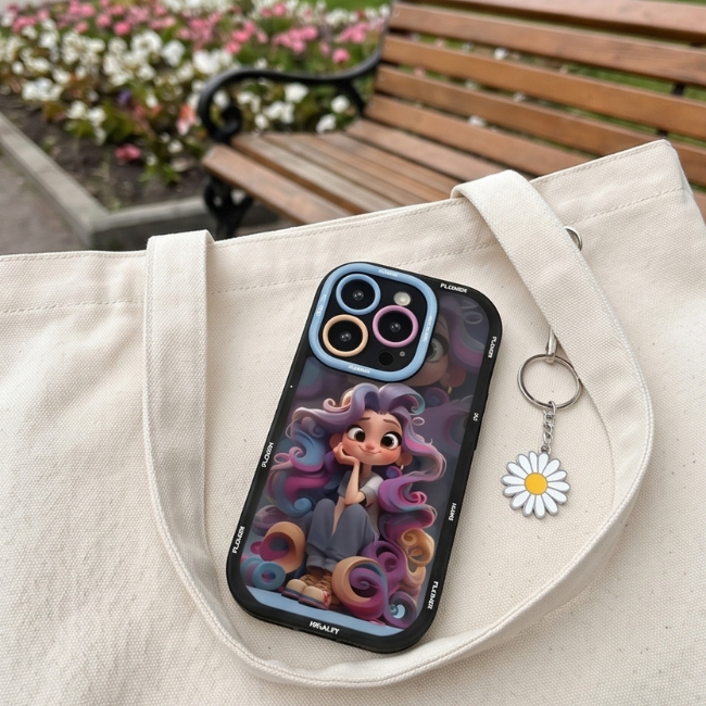 Animated character iPhone case with blue camera ring in white crossbody bag with daisy flower charm keychain, displayed on wooden garden bench