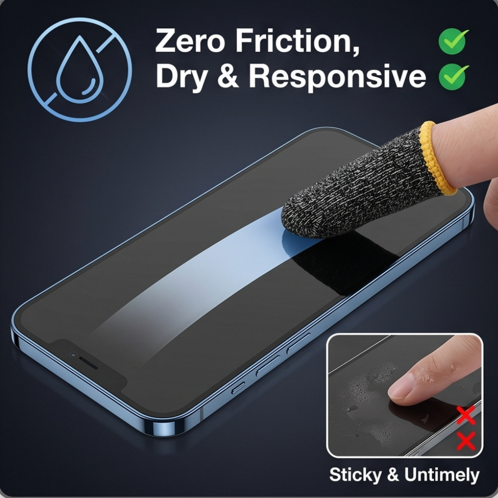 Pro gaming finger sleeves on smartphone screen showing zero friction dry and sweat-free touch response