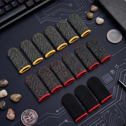 Pro gaming finger sleeves set in yellow red and black variants displayed on gaming mousepad