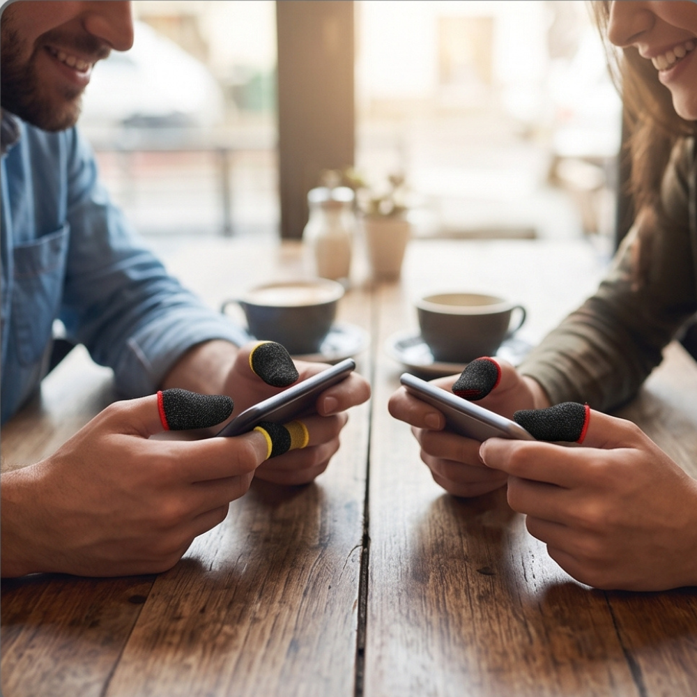 Two mobile gamers wearing pro gaming finger sleeves while playing on smartphones at cafe table