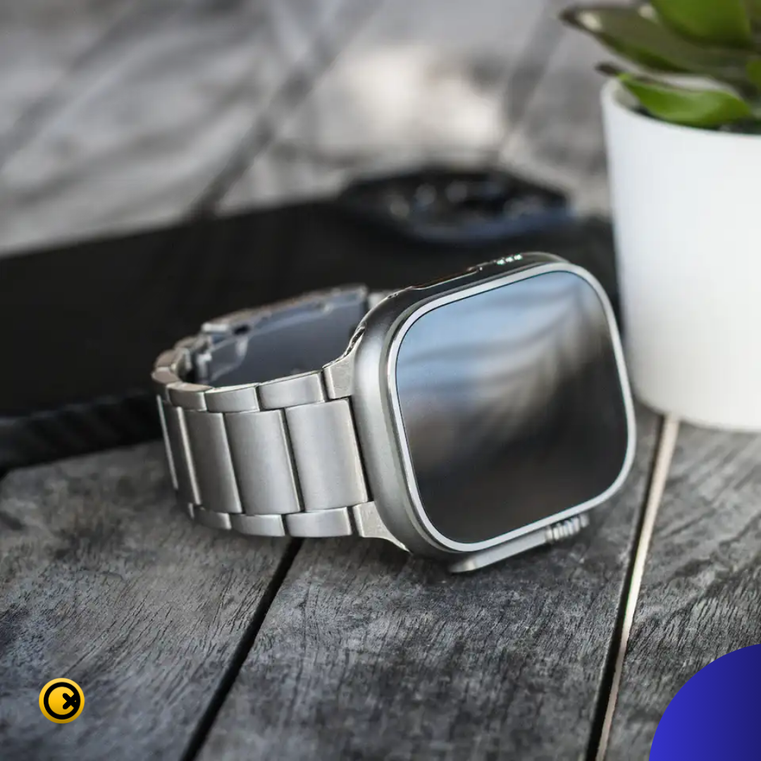 Watch Strap and Watch Band Apple Apple Watch Series  9, 8, 7, 6, 5, 4, 3, 2, 1,Ultra & Ultra 2 38/40/41mm 42/44/45/49mm Titanium Smartwatch Placed On Wooden Surface Rabbit GrunX in India