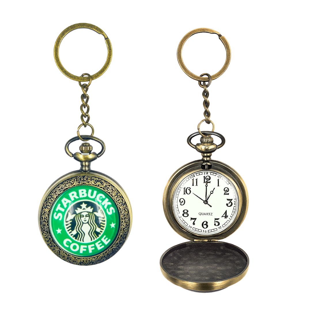 Retro Starbucks Design Pocket Watch with Metal Keychain – Front view showcasing the iconic Starbucks logo on a vintage-style pocket watch – available at GrunX