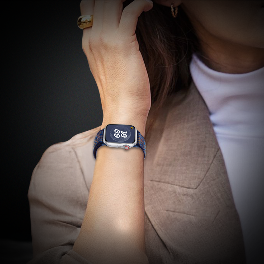 Watch Strap and Watch Band Apple Apple Watch Series  9, 8, 7, 6, 5, 4, 3, 2, 1,Se, Ultra & Ultra 2 38/40/41mm 42/44/45/49mm Game Royal Woman Wearing Smartwatch With Woven Nylon Strap Royal GrunX in India