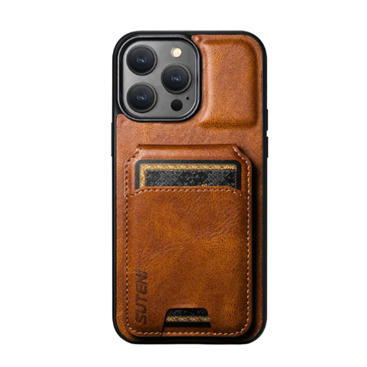 GRUNX Rush premium leather iPhone case with wallet and stand MagSafe compatible on Indian professional desk setup