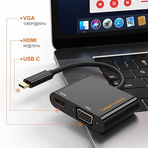 USB-C to HDMI VGA adapter specs showing HDMI 4K at 30Hz VGA 1080P at 60Hz and USB-C port connected to MacBook