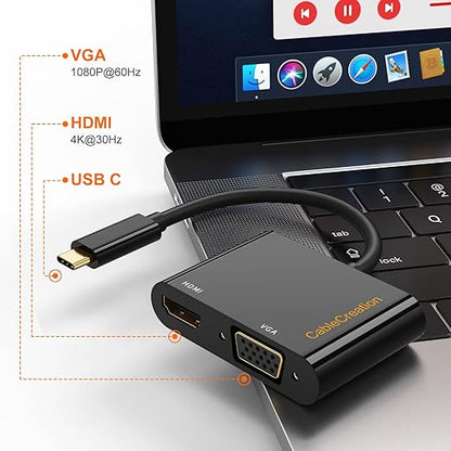 USB-C to HDMI VGA adapter specs showing HDMI 4K at 30Hz VGA 1080P at 60Hz and USB-C port connected to MacBook