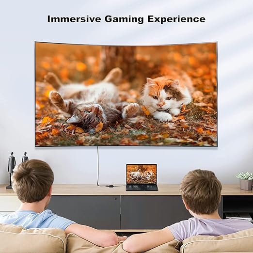 USB-C to HDMI adapter providing immersive gaming experience by connecting laptop to large curved TV screen