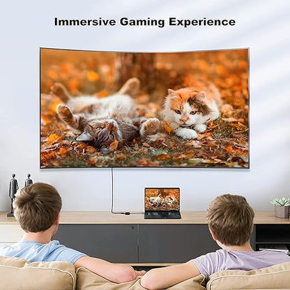 USB-C to HDMI adapter providing immersive gaming experience by connecting laptop to large curved TV screen