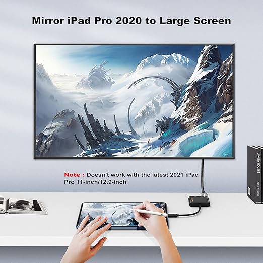 USB-C to HDMI adapter mirroring iPad Pro 2020 screen to large wall-mounted TV displaying 4K landscape scenery