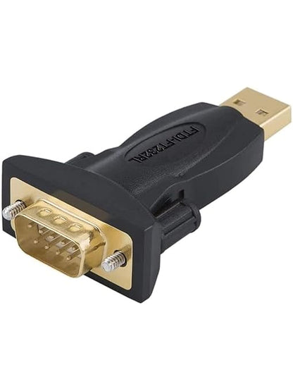 USB to RS232 DB9 male serial port adapter with FTDI FT232RL chip gold-plated connector on white background