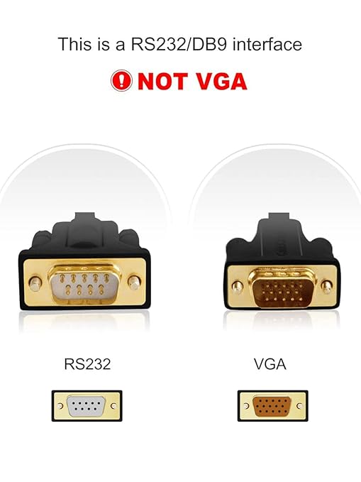 USB to RS232 DB9 serial port adapter comparison showing difference between 9-pin RS232 interface and 15-pin VGA connector