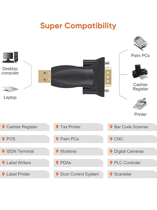 USB to RS232 DB9 serial adapter super compatibility with desktop computer laptop cashier register POS printer barcode scanner CNC PLC and modem