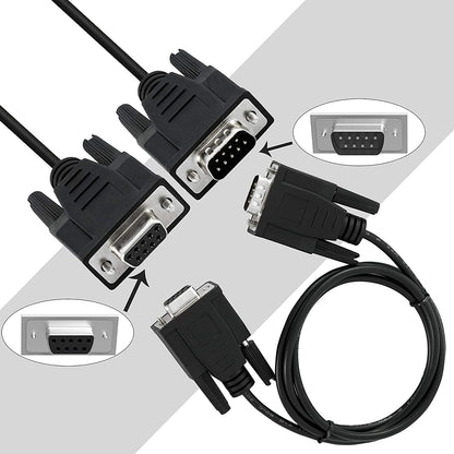 DB9 9-pin RS232 male to female serial cable connector close-up view
