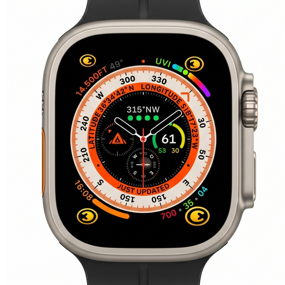 Black smartwatch with orange accent ring and digital display face, featuring health metrics and time display on premium screen