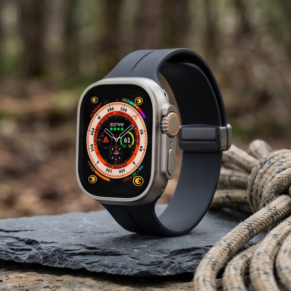 Rugged black smartwatch with orange accent ring worn on wrist in outdoor adventure setting, showing durability and water resistance