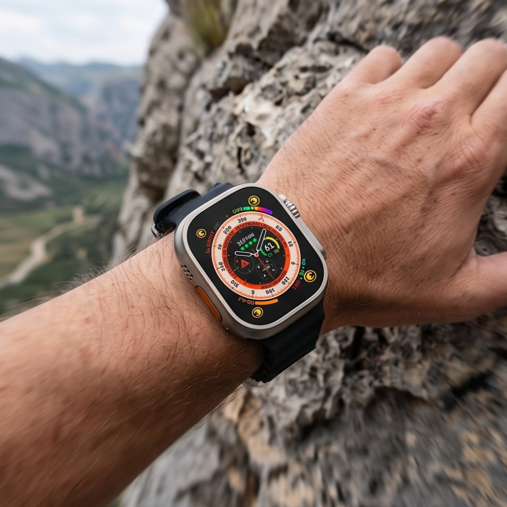 Black smartwatch with orange accent bezel worn on wrist in natural daylight, displaying premium design and comfortable everyday wear