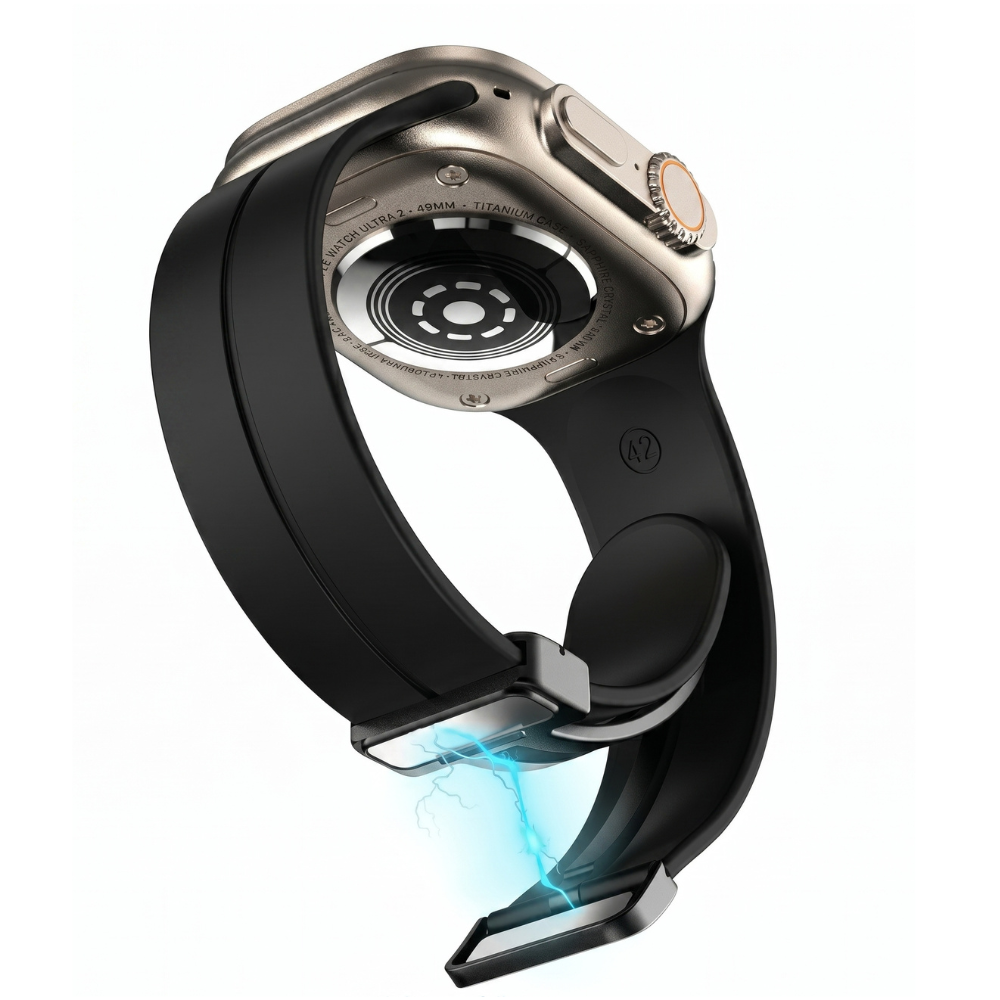 Black silicone sport smartwatch band with secure closure, designed for comfortable all-day wear and athletic activities