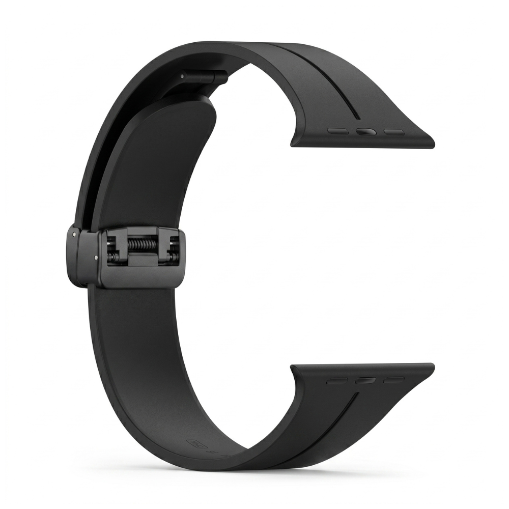 Curved black smartwatch band showing ergonomic fit design for comfortable wrist wear and flexible sizing