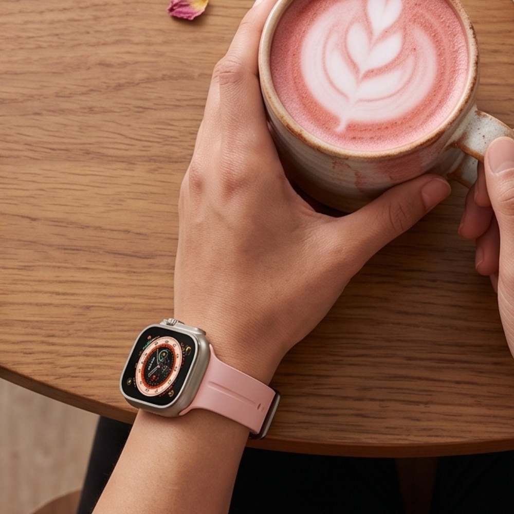 Pink edition smartwatch with sport band displayed on wrist while holding pink latte coffee cup at wooden café table with notebook and pen