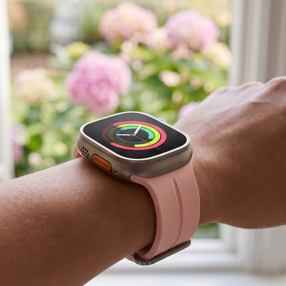 Pink edition smartwatch with orange accent ring displayed on wrist in garden setting with pink flowering plants in blurred background