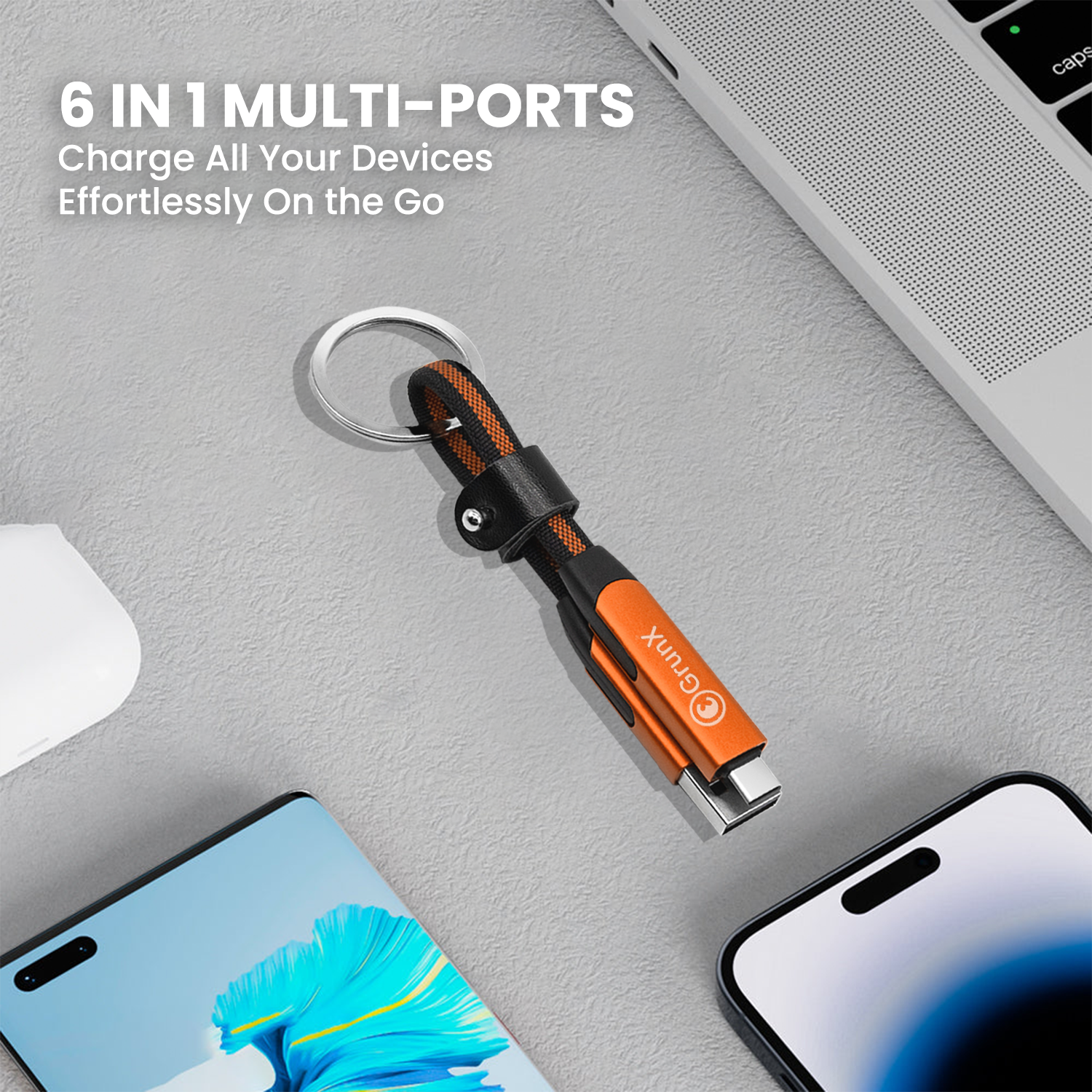 Keychain Charging Cable All Devices Android and Apple Devices Portable Orange 6 in 1 Multi-Ports Sonic GrunX in India